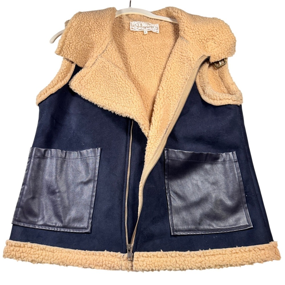 Anthropologie Pink Martini Navy Faux Suede‎ Sherpa Lined Vest L Buckle Pockets